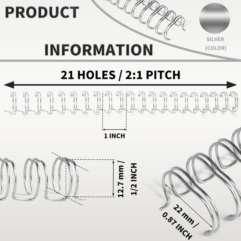 RAYSON Binding Wire Spines, 1/2 Inch, 21 Holes, 2:1 Pitch Double Loop Binding Wires Capacity 110 Sheets, Letter Size Silver Binding Spiral Pack of 100 - Image 2